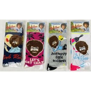 Bob Ross Joy of Painting Men's Crew Socks 8-12 Happy Accidents Novelty Lot/4 New